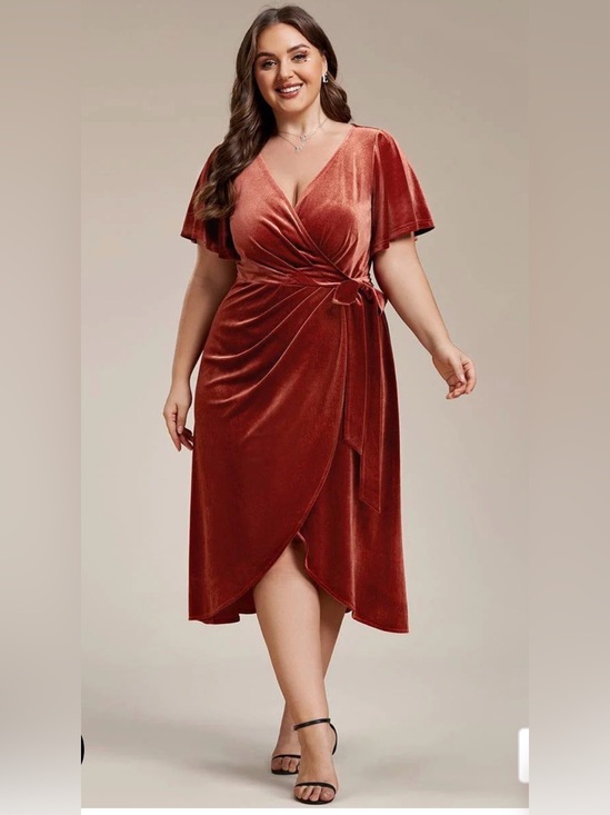Ever Pretty Dresses & Skirts - EVER-PRETTY Brick Red Velvet Wrap MIDI Dress Faux Wrap Wedding Size 22 NWT